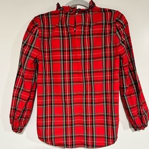 J Crew Ruffle Neck Red Tartan Top